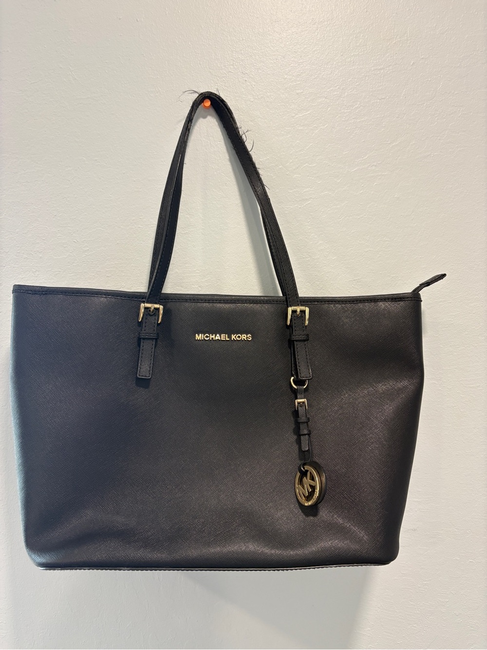 Michael Kors Black Leather Tote with Gold Logo Charm